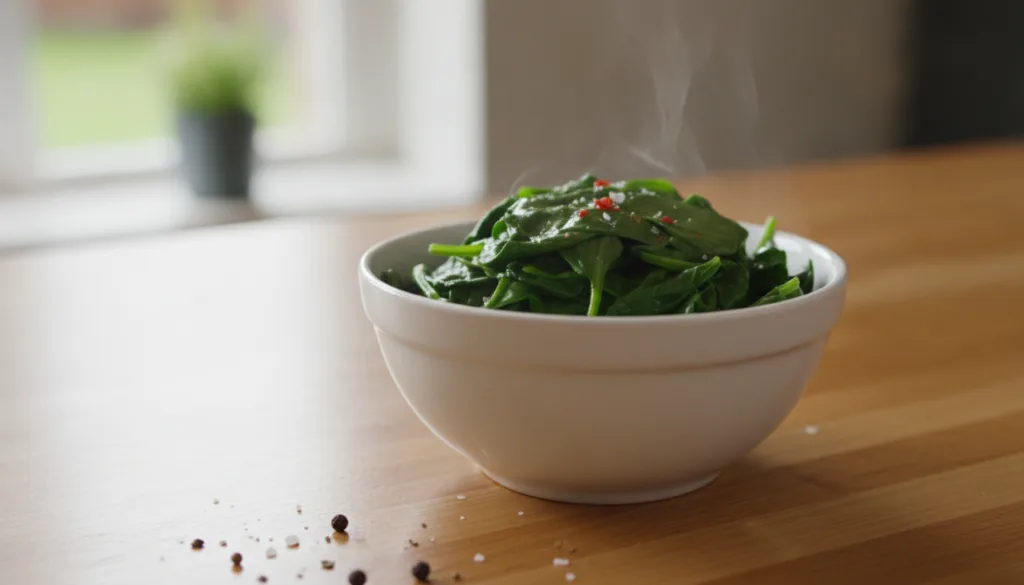 A bowl of vibrant green cooked spinach lightly seasoned ready to eat