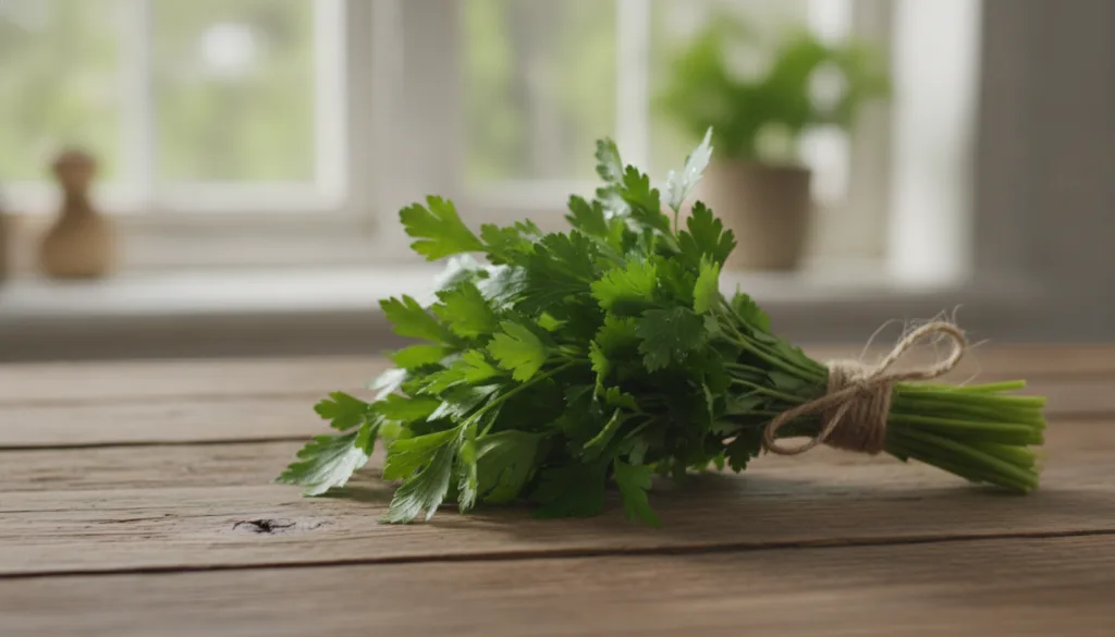 A fresh bunch of bright green parsley tied with twine on a rustic wooden surface