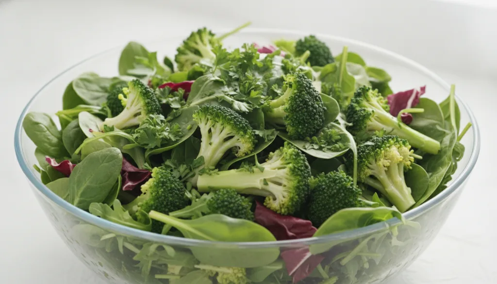 A delicious and colorful healthy salad featuring mixed greens broccoli florets and fresh parsley as a garnish