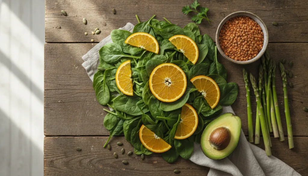 A vibrant spread of various folate-rich foods including fresh spinach a bowl of cooked lentils a whole avocado a few asp