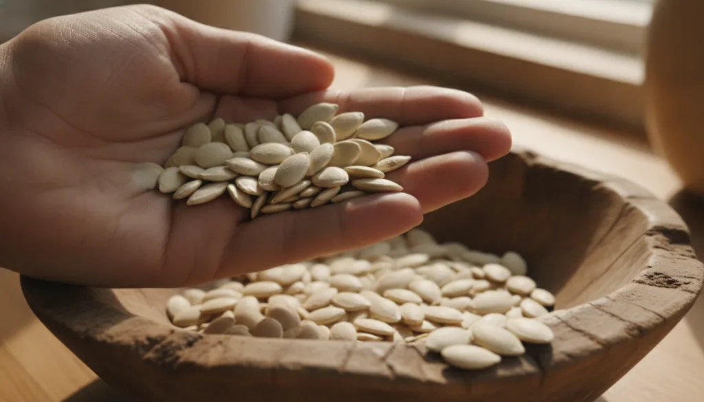 A close-up shot of a handful of raw shelled pumpkin seeds glistening slightly in a rustic wooden bowl with soft natural 