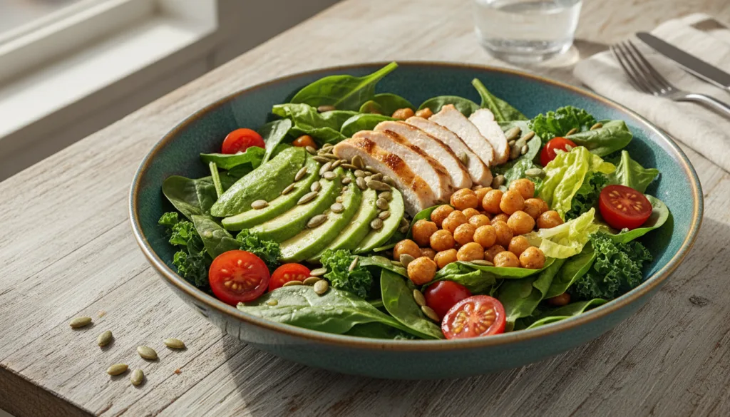 A vibrant colorful bowl of mixed greens salad topped with grilled chicken sliced avocado cherry tomatoes and a sprinkle 