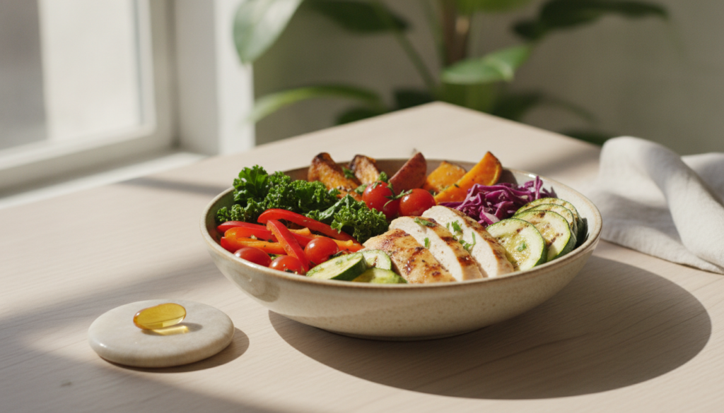A bowl of colorful healthy food with a side of a single Vitamin A supplement capsule suggesting a balance between diet a