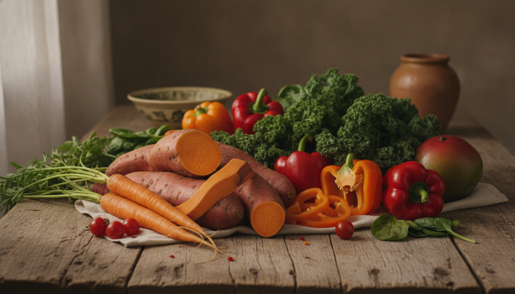 A vibrant and colorful selection of plant-based foods rich in provitamin A such as sweet potatoes carrots spinach kale a