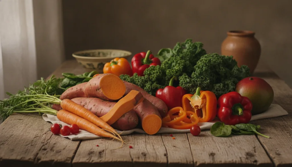 A vibrant and colorful selection of plant-based foods rich in provitamin A such as sweet potatoes carrots spinach kale a