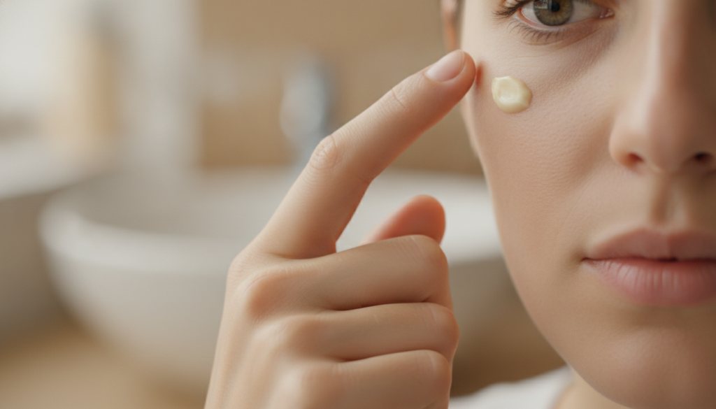 A person s finger gently applying a small amount of the Vaseline and egg yolk mixture under their eye demonstrating the 