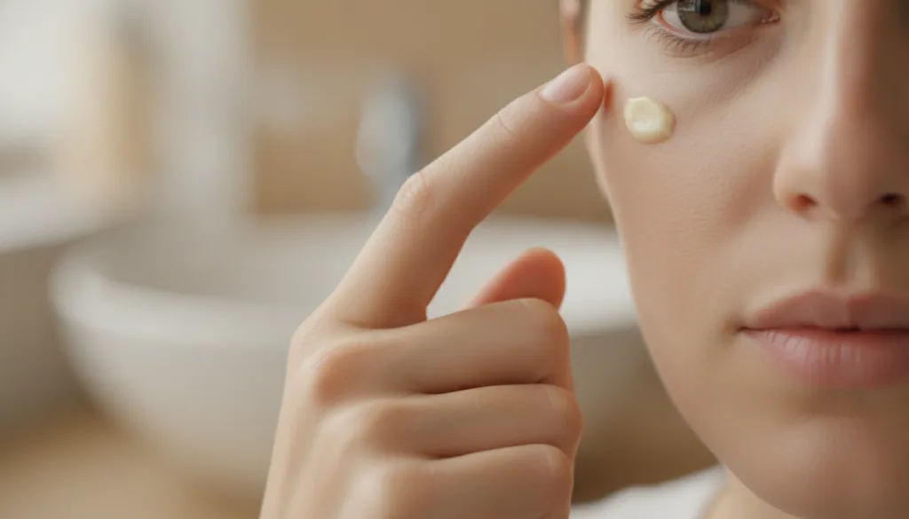 A person s finger gently applying a small amount of the Vaseline and egg yolk mixture under their eye demonstrating the