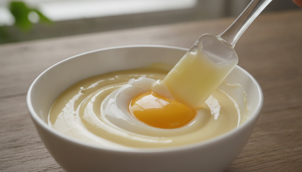 A close-up of a small bowl with Vaseline and egg yolk being mixed together with a spatula to form a smooth paste