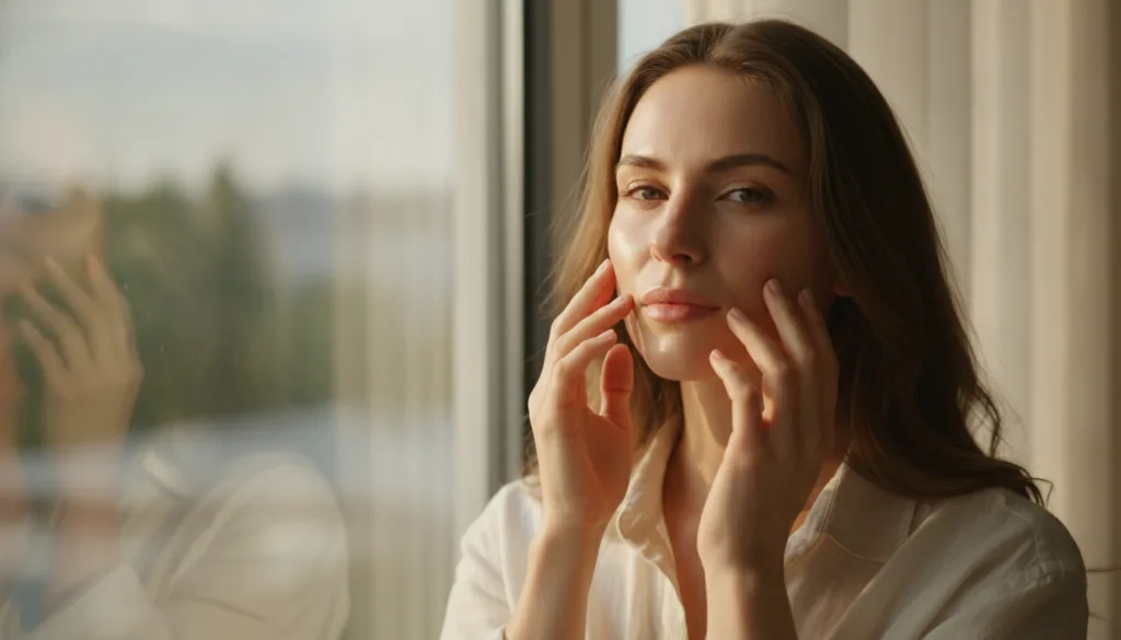 A woman smiling and confidently touching her smooth glowing face showing off clear and radiant skin without makeup in a 