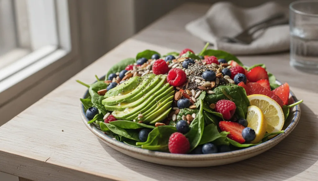 A vibrant and fresh salad bowl with colorful vegetables leafy greens avocado nuts and berries showcasing ingredients ric