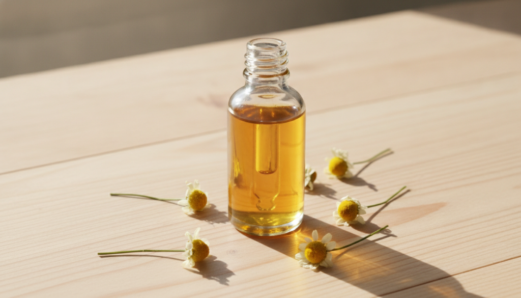A clear glass dropper bottle filled with a golden natural oil blend placed on a smooth clean wooden surface next to a fe