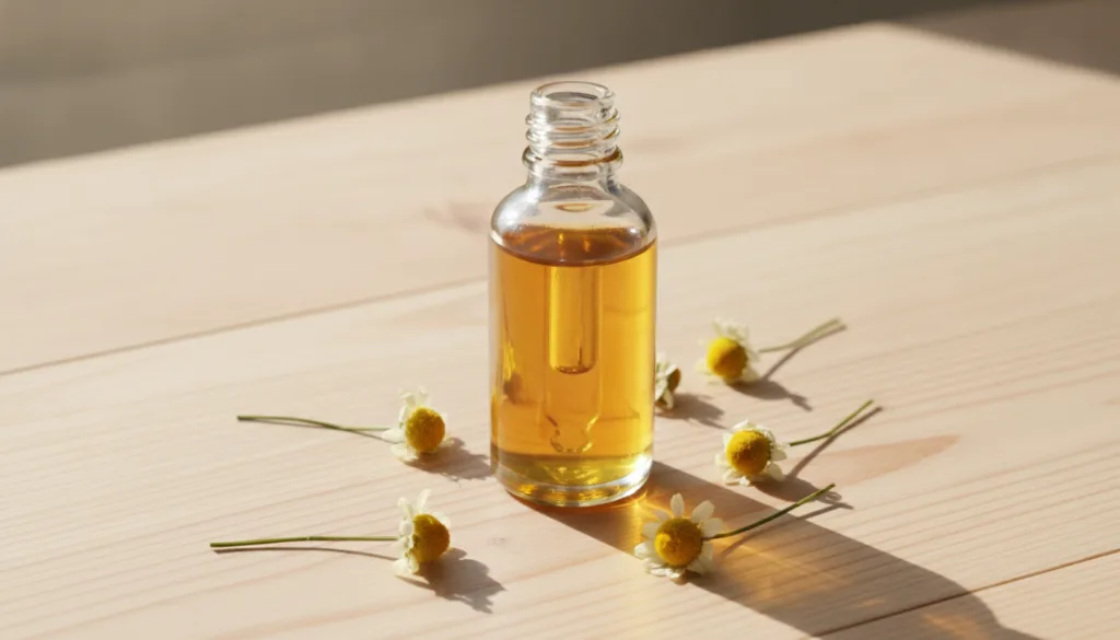 A clear glass dropper bottle filled with a golden natural oil blend placed on a smooth clean wooden surface next to a fe