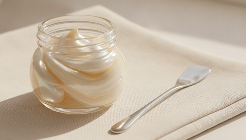 A small clear glass jar filled with the prepared Vaseline and oil mixture with a tiny spatula resting beside it on a sof