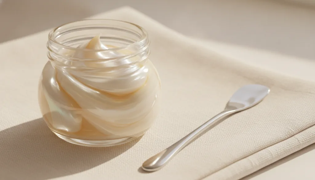 A small clear glass jar filled with the prepared Vaseline and oil mixture with a tiny spatula resting beside it on a sof