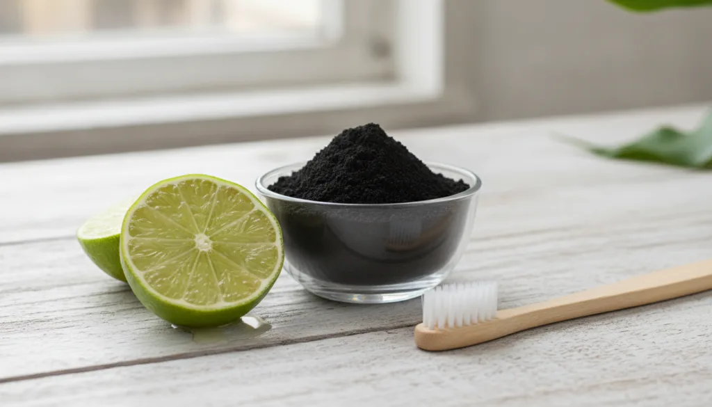 Ingredients for natural teeth whitening a small bowl with activated charcoal powder a cut lime with juice and a soft too