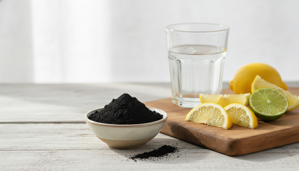 Ingredients for a DIY teeth whitening paste a small bowl of black activated charcoal powder fresh cut lemons or limes an