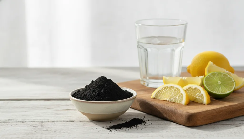 Ingredients for a DIY teeth whitening paste a small bowl of black activated charcoal powder fresh cut lemons or limes an