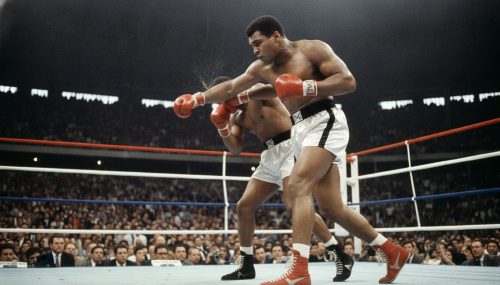Muhammad Ali in the boxing ring mid-fight delivering a punch
