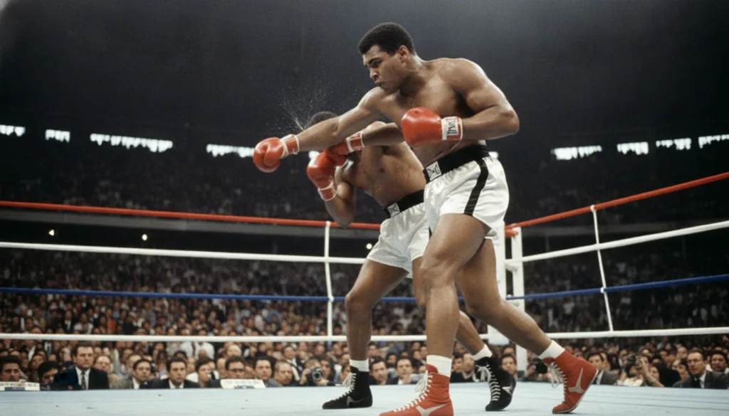 Muhammad Ali in the boxing ring mid-fight delivering a punch