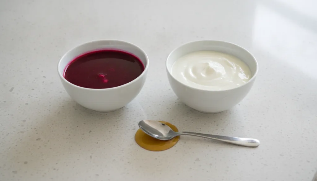 Ingredients for a beetroot face mask a small bowl of fresh beetroot juice plain yogurt and honey arranged neatly on a li