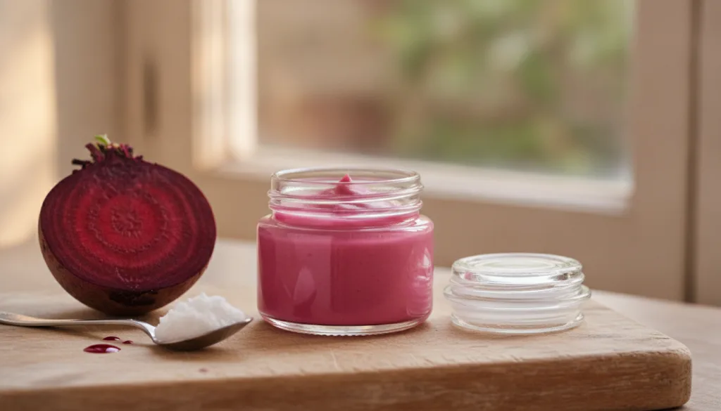 A small glass jar with a natural pink beetroot lip and cheek tint next to a fresh beetroot and a spoon of coconut oil