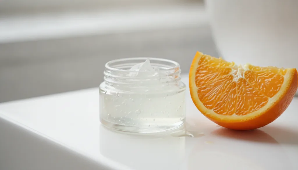 A small open jar of petroleum jelly next to a freshly cut orange half with some juice visible