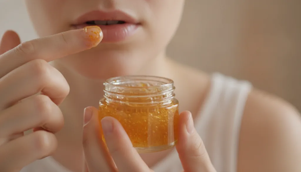 A person gently applying the homemade orange and Vaseline mixture to their lips with a fingertip