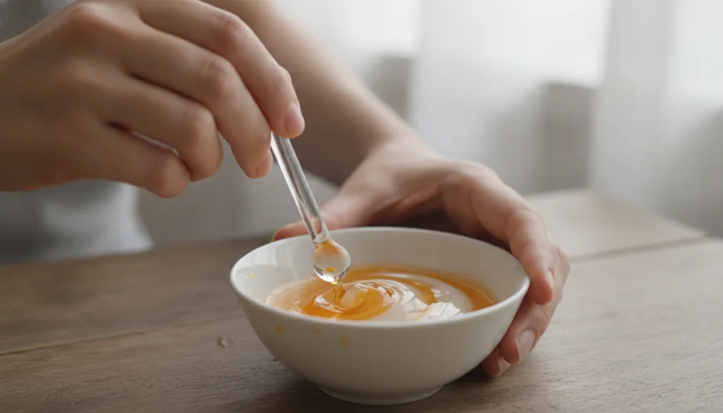 A close-up of hands mixing fresh orange juice into petroleum jelly in a small white ceramic bowl