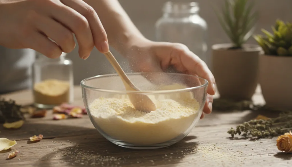 Hands mixing a dry beauty powder blend in a glass bowl with a spoon The powders are light yellow and off-white showing t