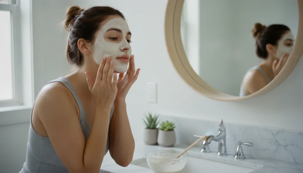 A woman applying a homemade face mask to her clean face with a gentle focused expression in a bright bathroom setting