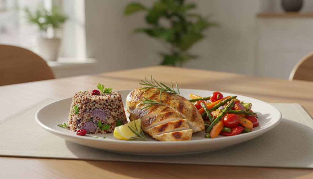 A delicious high-protein meal such as grilled chicken quinoa and roasted vegetables promoting muscle recovery