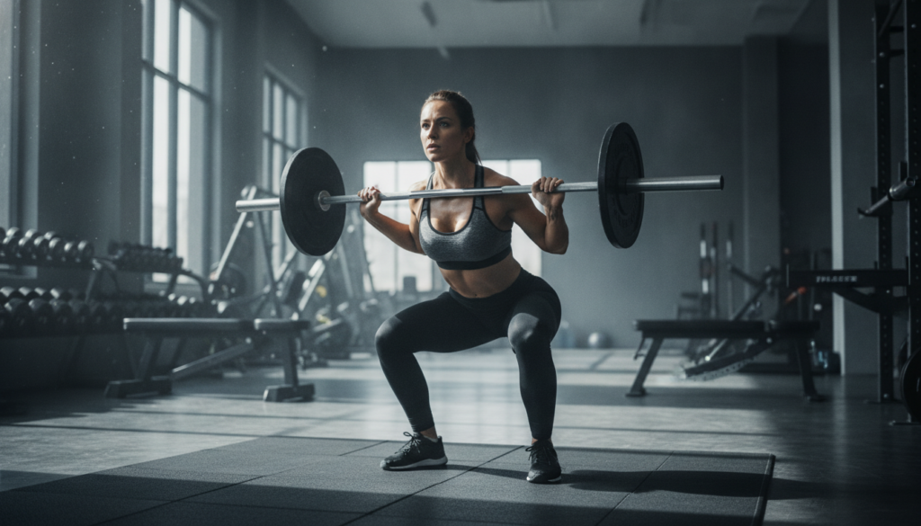 A woman demonstrating proper form for a squat in a gym setting