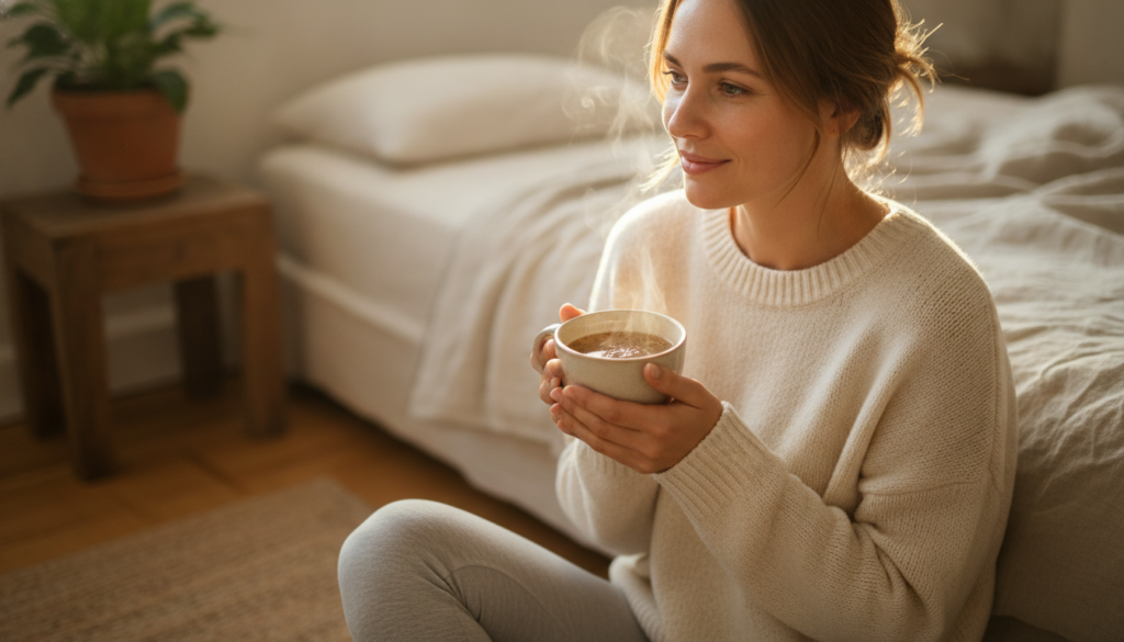 A woman holding a warm cup of homemade cumin water looking refreshed and happy in a natural light setting