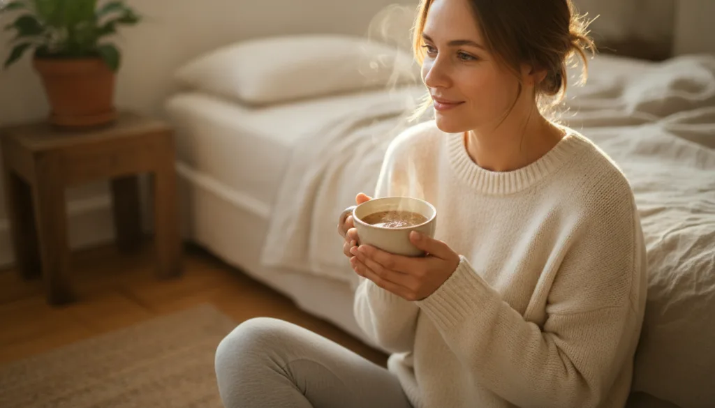 A woman holding a warm cup of homemade cumin water looking refreshed and happy in a natural light setting