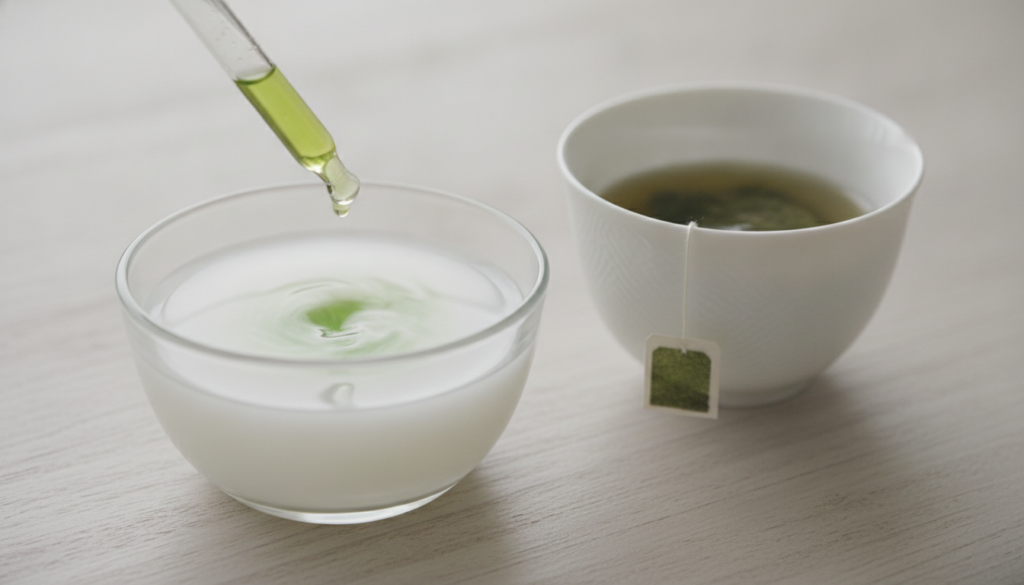 A small glass bowl with rice water and a dropper adding a green liquid into it next to a teacup