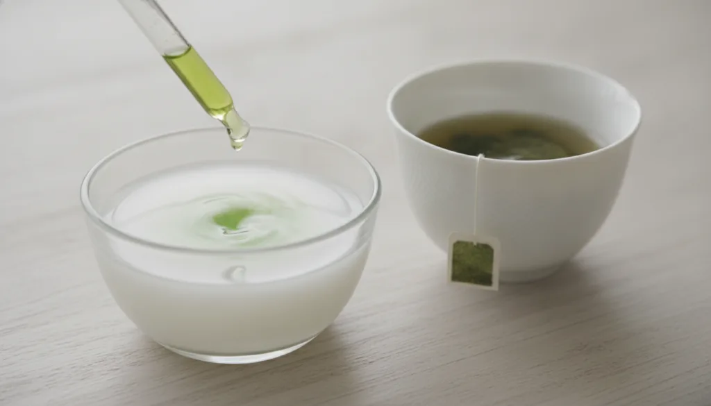 A small glass bowl with rice water and a dropper adding a green liquid into it next to a teacup