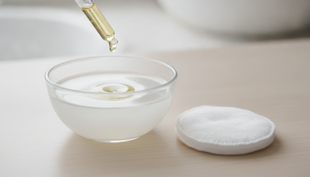 A small glass bowl with rice water and a dropper adding baby oil into it next to a cotton pad