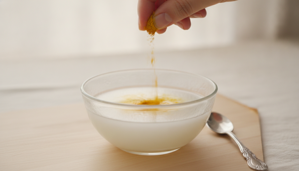 A small glass bowl with rice water and a pinch of turmeric powder being added next to a spoon