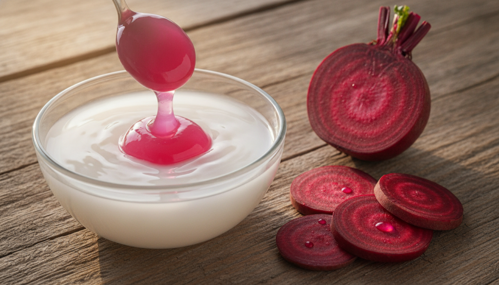 A small glass bowl with rice water and a pink jelly-like substance being added next to a sliced beetroot