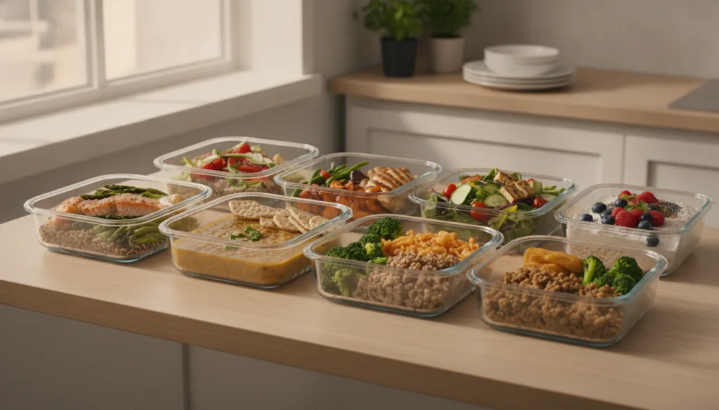 A vibrant healthy meal prep scene with containers filled with colorful nutritious foods like grilled chicken quinoa and 