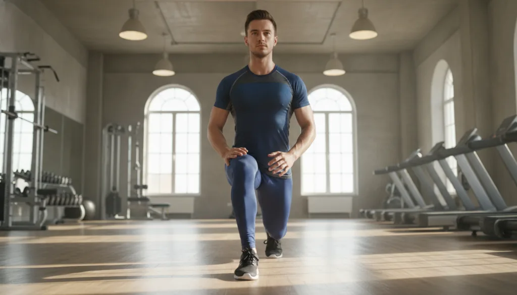 A person demonstrating a perfect lunge with their front knee above their ankle and their back knee hovering above the gr