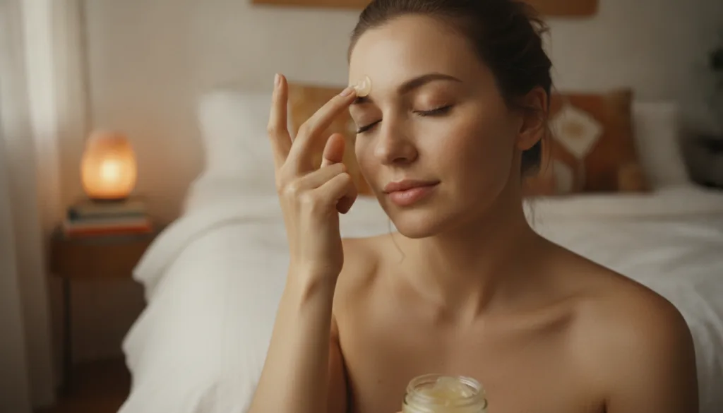 A woman gently applying a small amount of the light yellow gel to her clean face before bedtime with a soft glowing comp