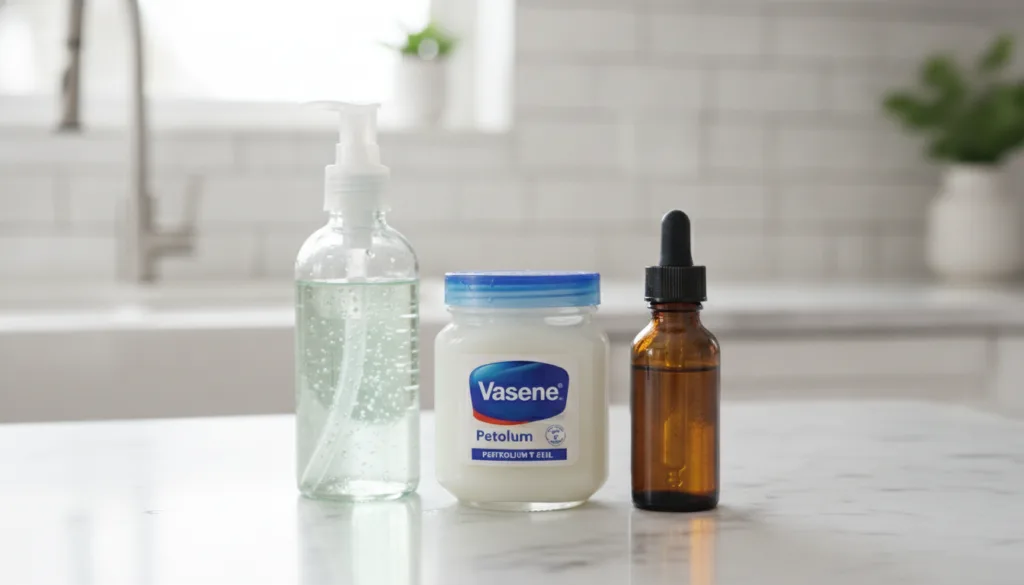 Close-up shot of the three main ingredients a jar of Vaseline a bottle of pure aloe vera gel and a small bottle of vitam