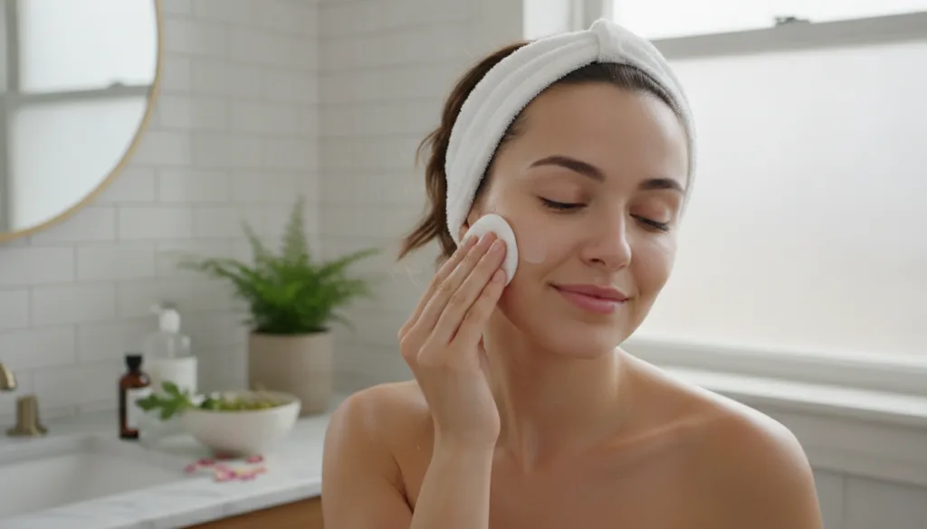 A woman applying a face treatment with a cotton pad focusing on her cheek