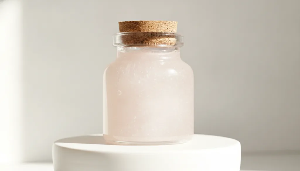 A small clean glass jar filled with the homemade collagen beauty balm showing its smooth gel-like texture