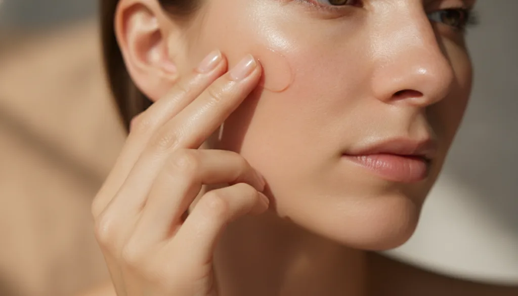 Close-up of a woman s hand gently applying the collagen beauty balm to her face showcasing soft glowing skin