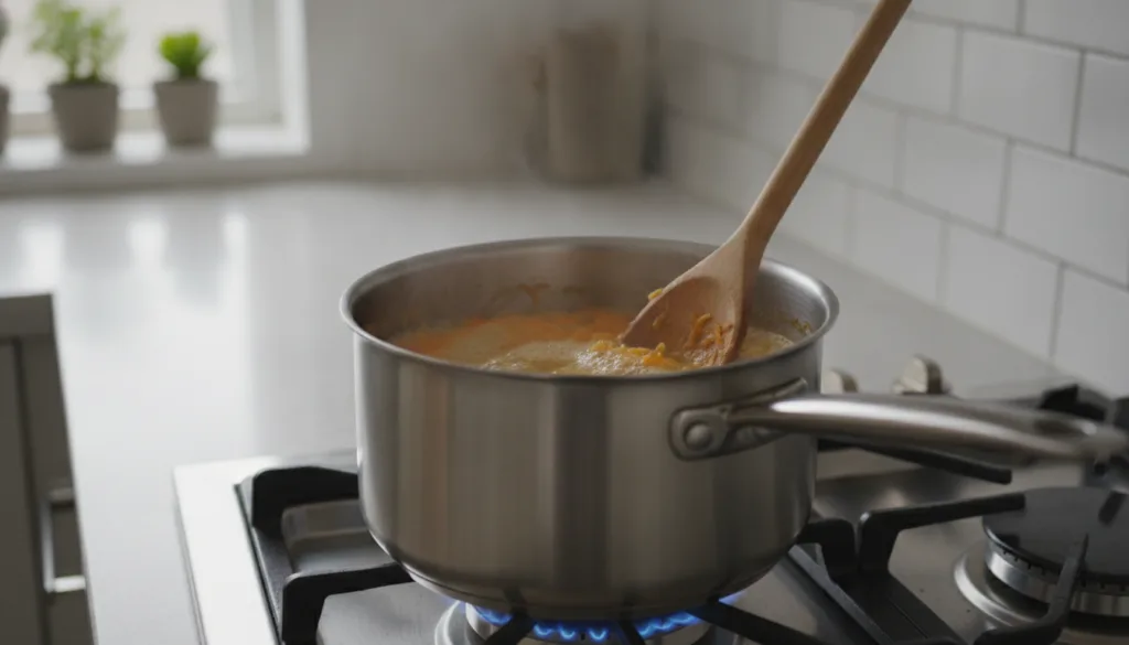 A small steel cooking pot on a gas stove with grated carrots and water simmering gently stirred by a wooden spoon