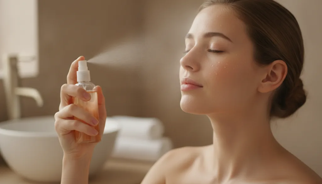 A woman with clean skin gently spritzing the carrot toner across her face with closed eyes smiling