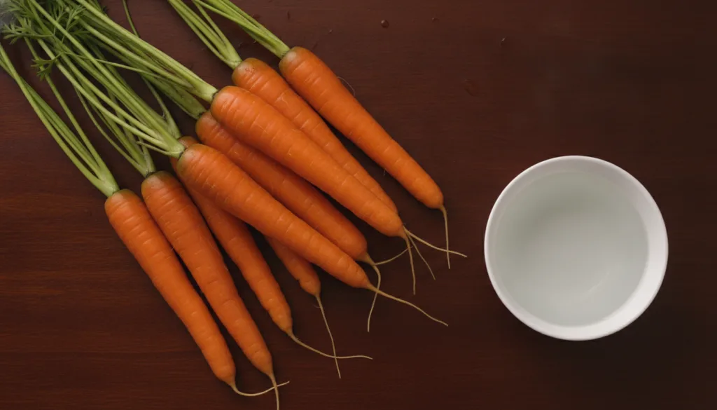 Close-up of fresh vibrant whole carrots on a wooden cutting board next to a small white ceramic bowl of clear water
