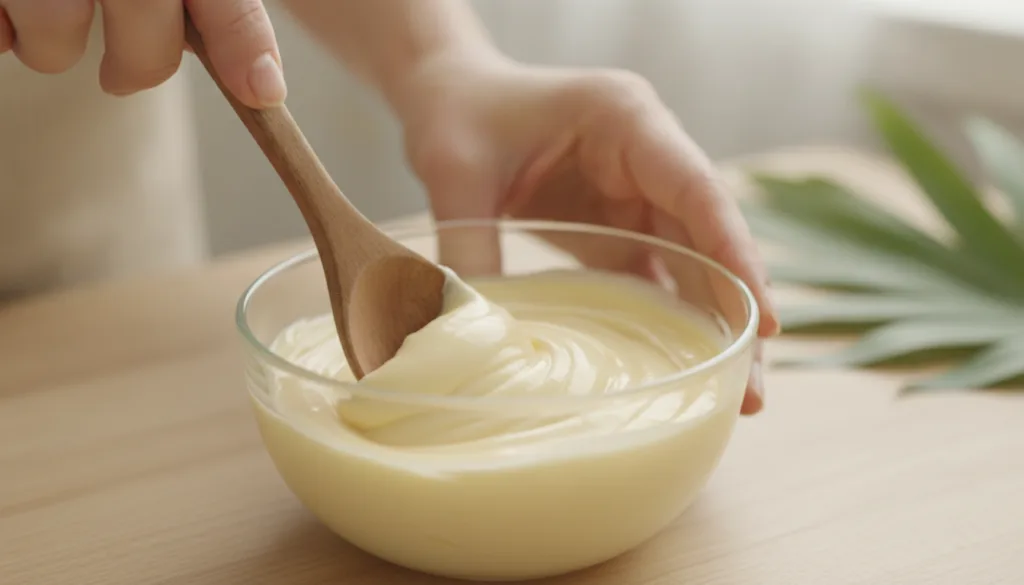 A close-up shot of hands mixing a yellow paste in a small glass bowl with a wooden spoon showing the creamy texture of t